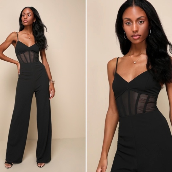 LULU's Sexy Chic Elegant Sheer Bustier Corset Black Wideleg Jumpsuit Pantsuit - Picture 6 of 6
